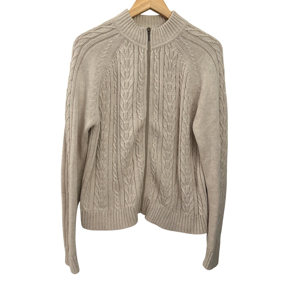 Pendleton Cable Knit Zip Cardigan Mens Large Beige Excellent Cotton Mock Neck